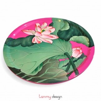 Round lacquer tray hand-painted with lotus 30cm